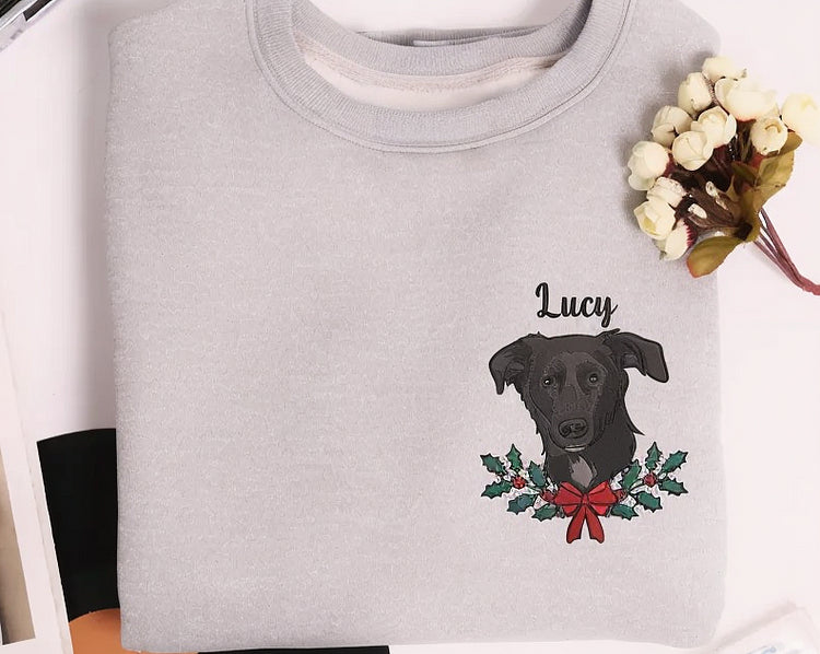 Custom Dog Face Christmas Embroidered Sweatshirt Personalized Pet Face and Name Xmas Sweatshirt