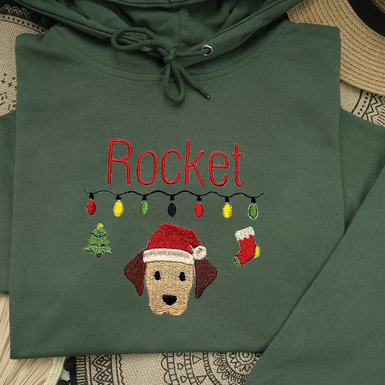 Personalized Christmas Pet Portrait Embroidered Hoodie Sweatshirt With Name