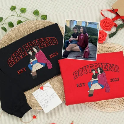 Embroidered Couple Photo Hoodie | Personalized His And Her Sweatshirt