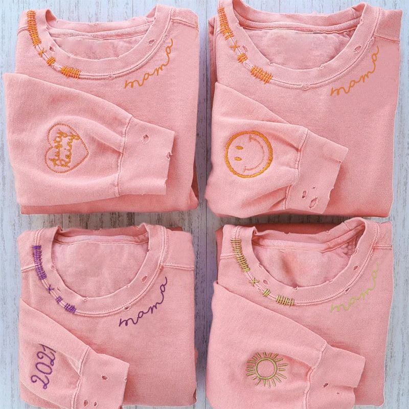 Embroidered Hand Distressed Mama Sweatshirt With kid's Names