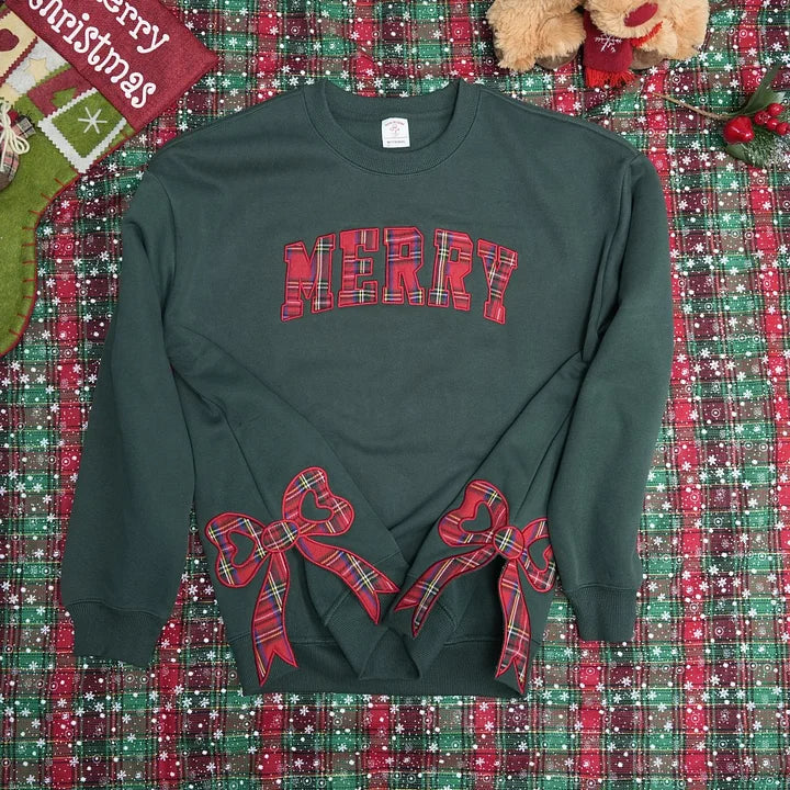 Trendy Merry Side Bow Cut-Out Sweatshirt - Cozy Plaid Christmas Pullover for Women