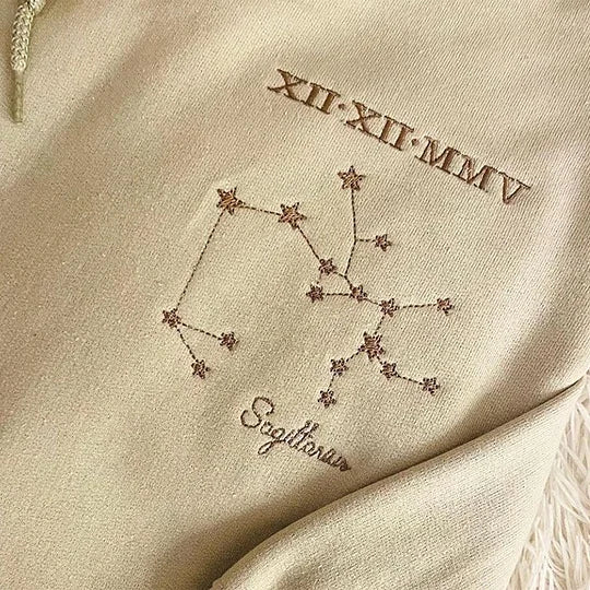 Personalized Embroidered Roman Numerals Date, Star Sign Zodiac Hoodie or Zip up Hoodie