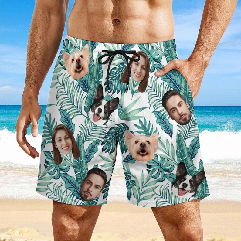 Custom Hawaiian Trunks with Face for Party, Personalized Swim Trunks