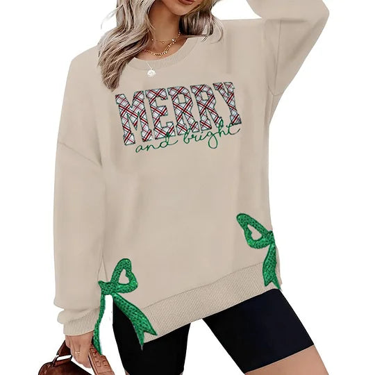 MERRY AND BRIGHT | SIDE BOW APPLIQUE EMBROIDERED SWEATSHIRT