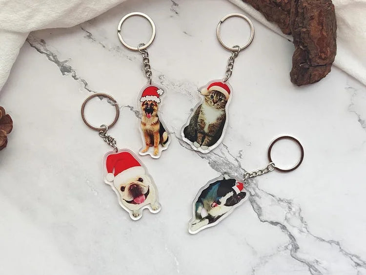 Personalized Funny Pet Wearing Santa Hat Keychain Acrylic Keychain Christmas Gift