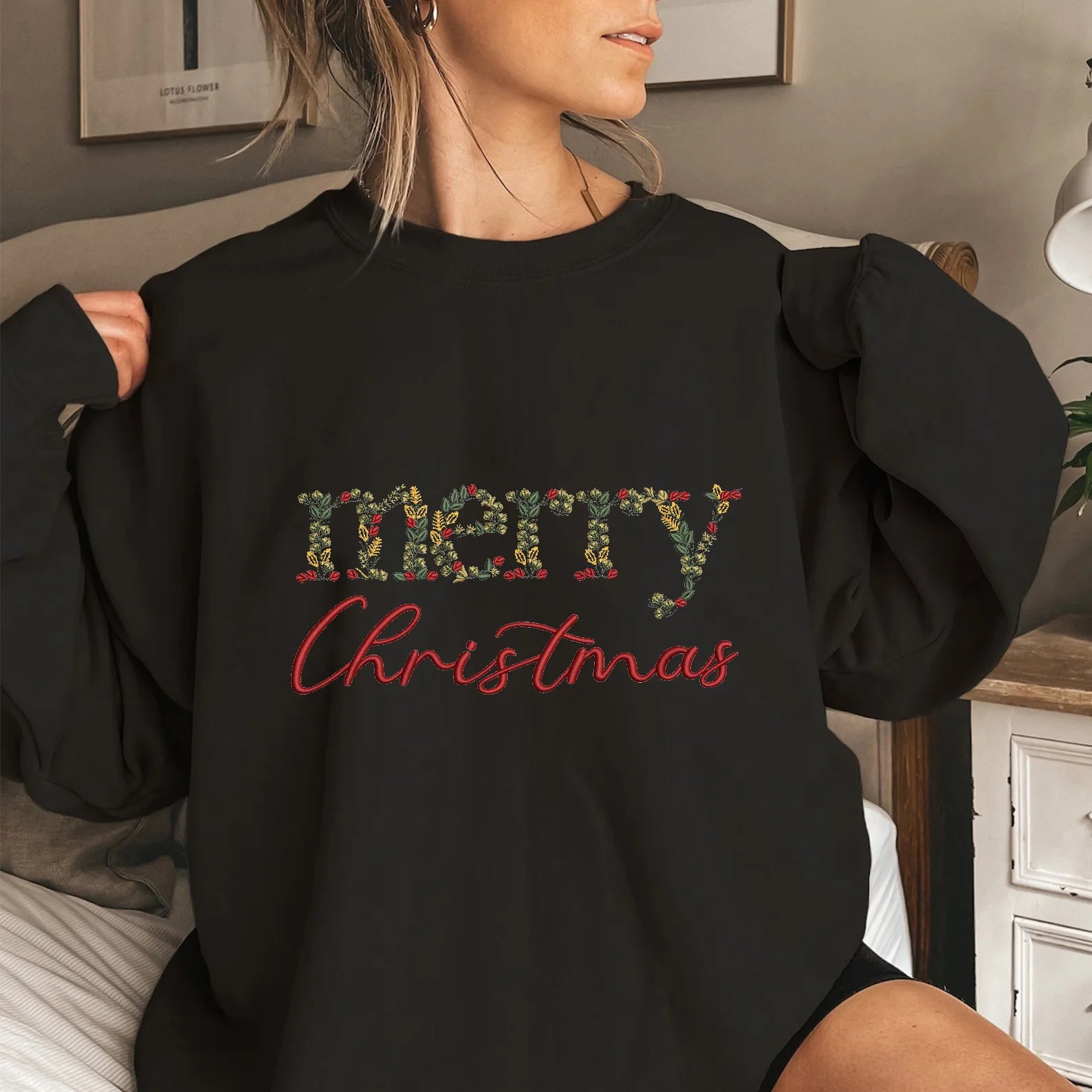 Merry Christmas Floral Embroidered Sweatshirt