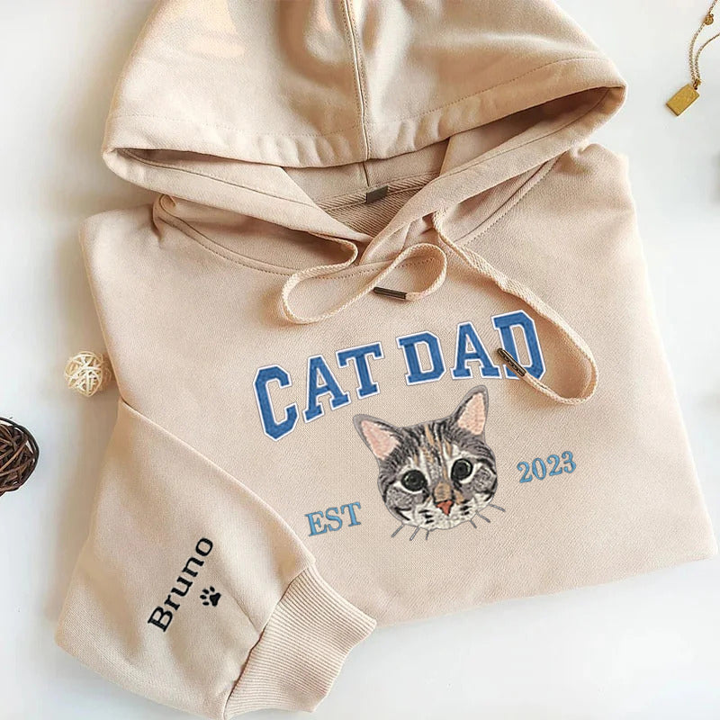 Custom Embroidered | Varsity Cat Dad | Sweatshirt | Hoodie |  Portrait from Photo