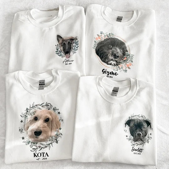 Personalized Pet Face Printed T-shirt Sweatshirt Hoodie Using Photo + Name Custom Portrait Floral Wreath