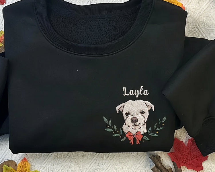 Custom Dog Face Christmas Embroidered Sweatshirt Personalized Pet Face and Name Xmas Sweatshirt