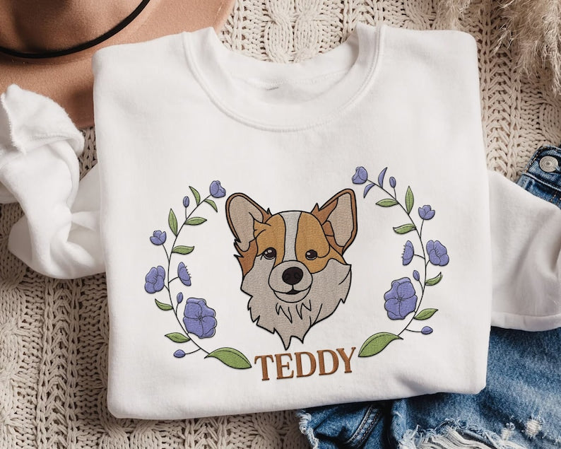 Custom Pet Portrait｜Embroidered｜Dog Mom Floral Sweatshirt｜Hoodie