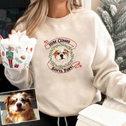 Here Comes Santa Paws Christmas Personalized Pet Portrait Embroidered Hoodie Sweatshirt T-shirt