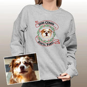 Here Comes Santa Paws Christmas Personalized Pet Portrait Embroidered Hoodie Sweatshirt T-shirt