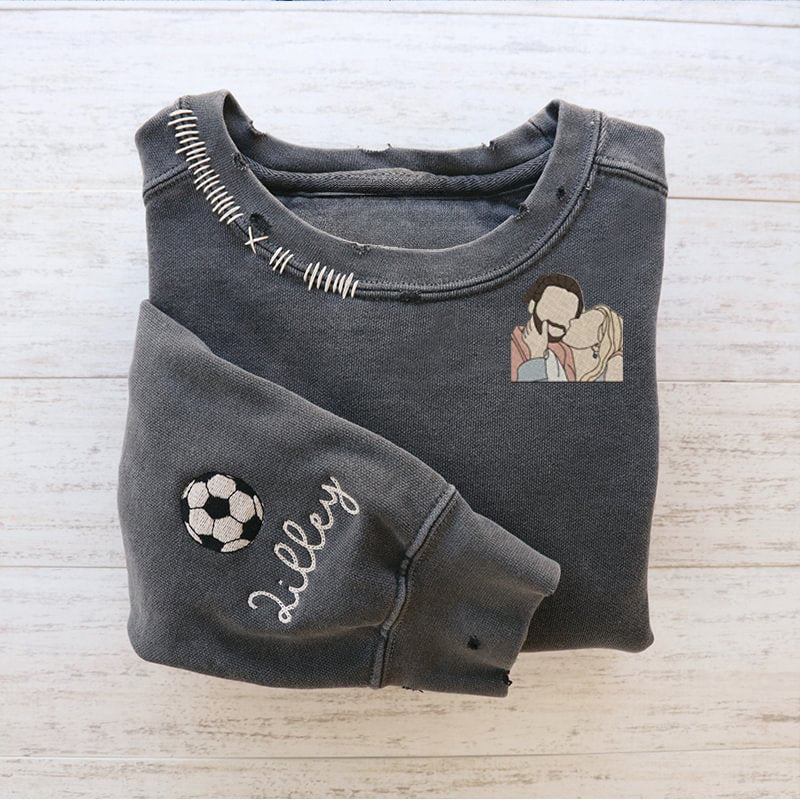 Embroidered Hand Distressed Photo Crewneck