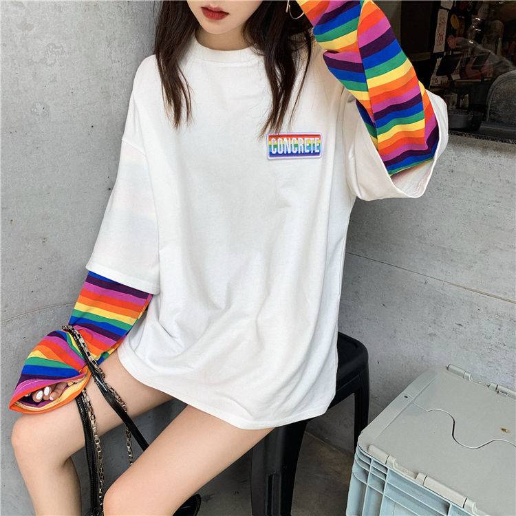 Autumn rainbow stripe two-piece long-sleeved t-shirt