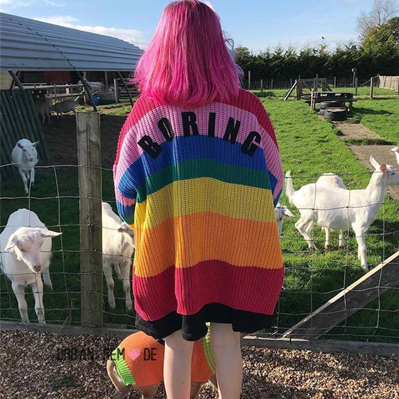 BORING Rainbow Striped Cardigan Sweater