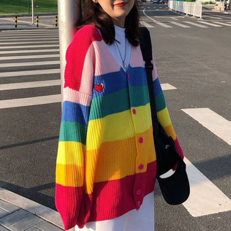 BORING Rainbow Striped Cardigan Sweater