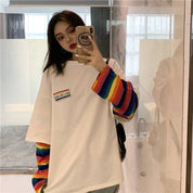 Autumn rainbow stripe two-piece long-sleeved t-shirt