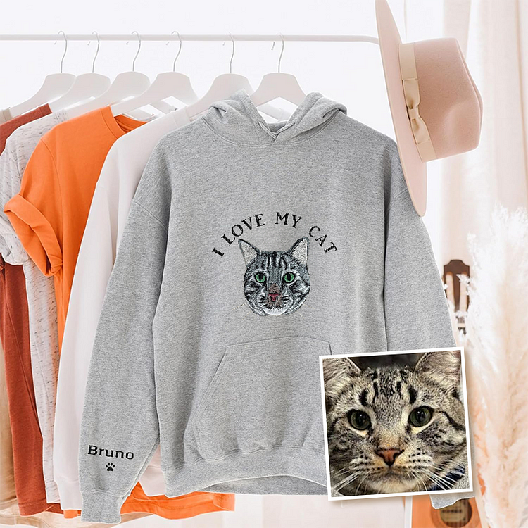 I Love My Cat | Custom Pet Portrait Embroidered | Crewneck T-shirt Hoodie