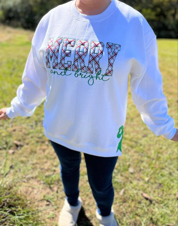 MERRY AND BRIGHT | SIDE BOW APPLIQUE EMBROIDERED SWEATSHIRT