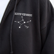 Personalized Embroidered Roman Numerals Date, Star Sign Zodiac Hoodie or Zip up Hoodie