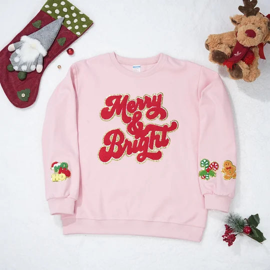 Merry and Bright Chenille Patch Sweatshirt- Best Christmas Gift