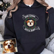 Here Comes Santa Paws Christmas Personalized Pet Portrait Embroidered Hoodie Sweatshirt T-shirt