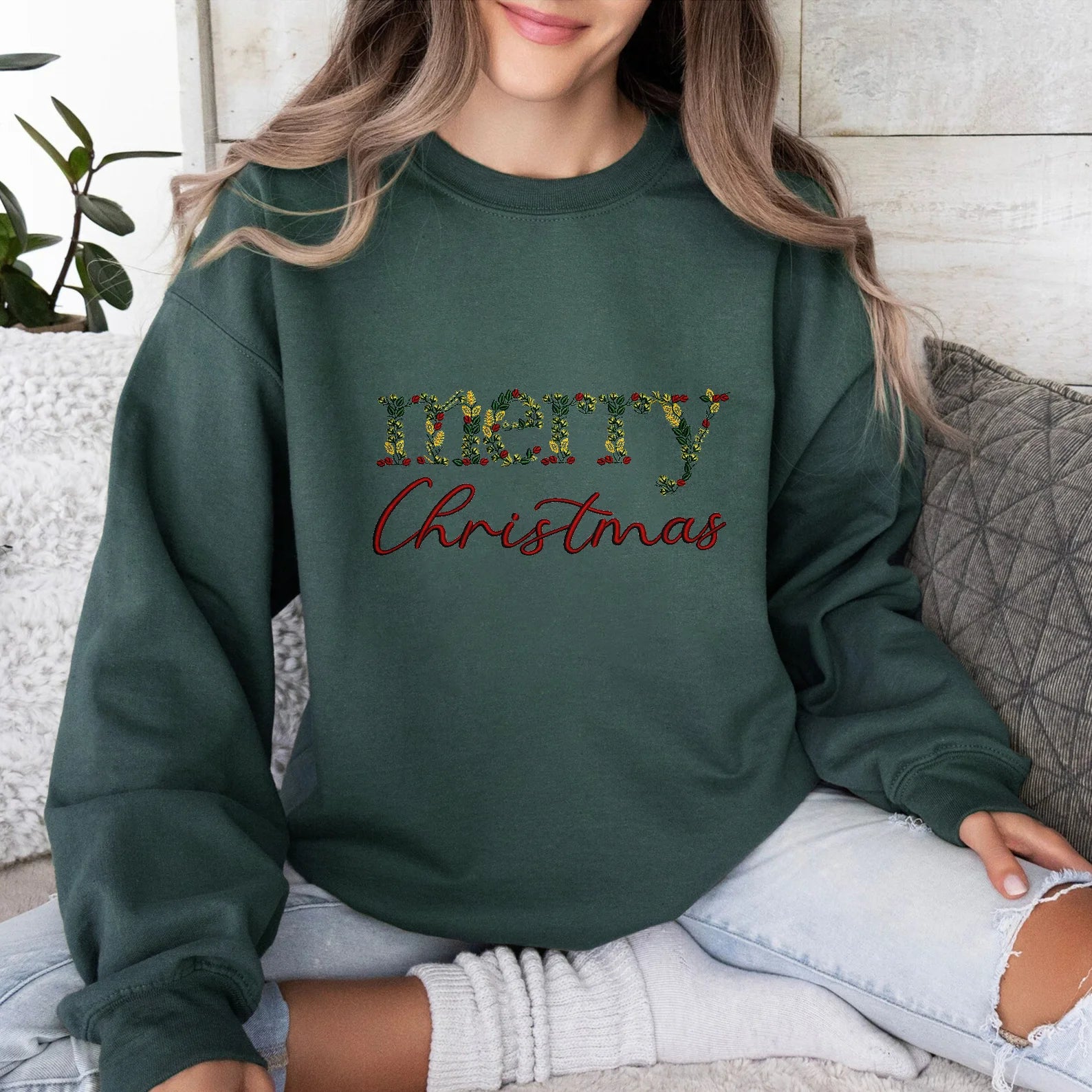 Merry Christmas Floral Embroidered Sweatshirt