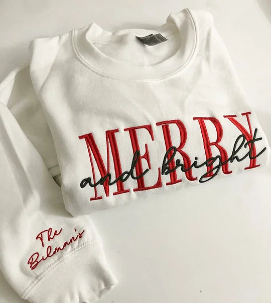 Embroidered Merry and Bright Crewneck Cozy Sweatshirt -Christmas gifts