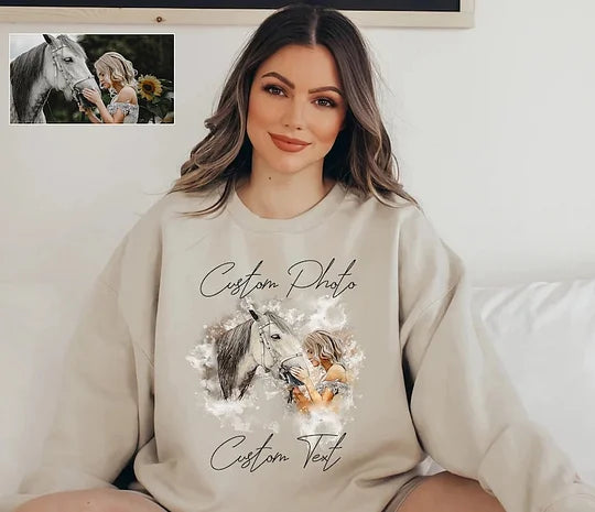 Personalized Portrait Watercolor Painting Center Sweatshirt,Gift for Her Birthday Anniversary Gift for Women