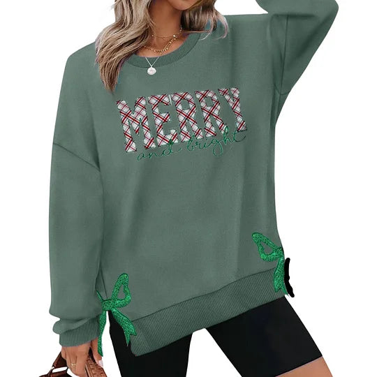 MERRY AND BRIGHT | SIDE BOW APPLIQUE EMBROIDERED SWEATSHIRT