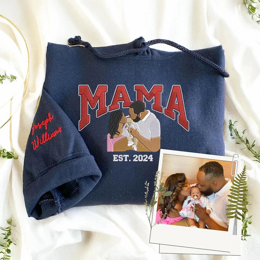 Custom Embroidered Mama Sweatshirt with Kid Name on Sleeve