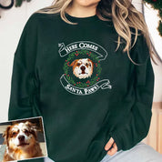 Here Comes Santa Paws Christmas Personalized Pet Portrait Embroidered Hoodie Sweatshirt T-shirt