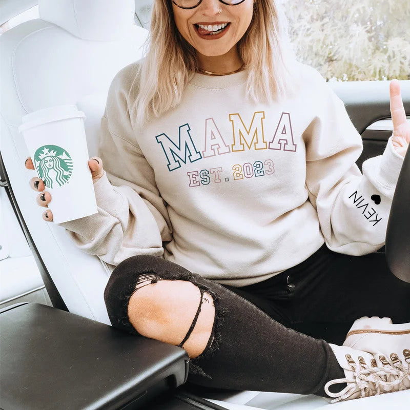 Personalized Mama Est Sweatshirt with Child's Name on Sleeve