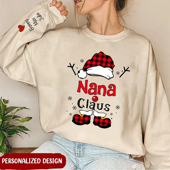 Personalized Christmas Grandma Claus Snowflake Sweatshirt Sleeve Custom Names Kids