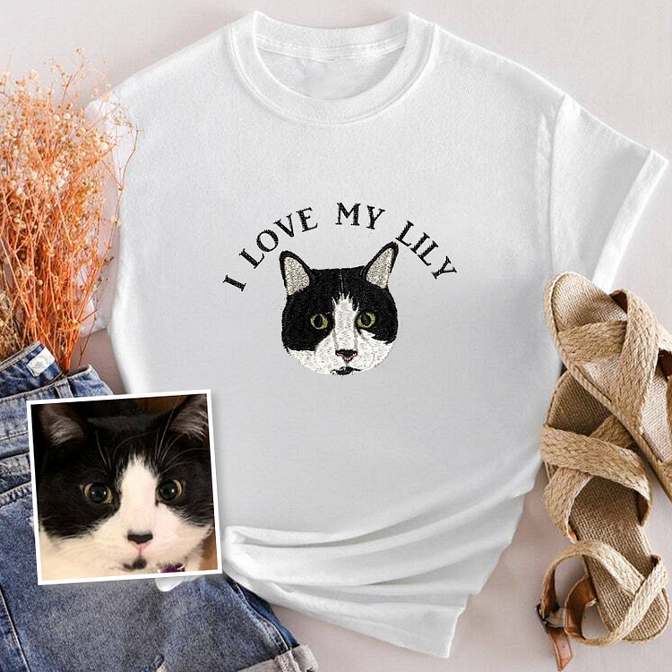 I Love My Cat | Custom Pet Portrait Embroidered | Crewneck T-shirt Hoodie