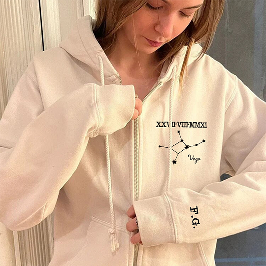 Personalized Embroidered Roman Numerals Date, Star Sign Zodiac Hoodie or Zip up Hoodie