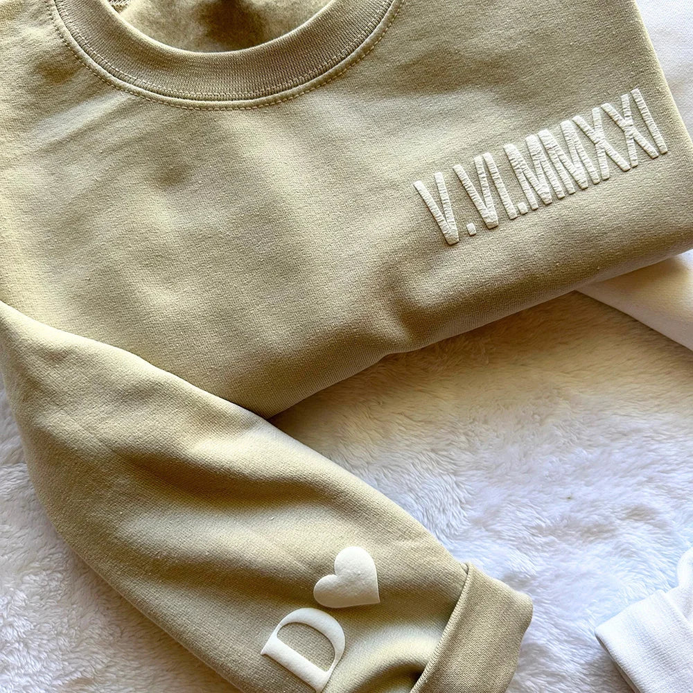 Custom Roman Numeral Date and Initial Embossed Sweatshirt