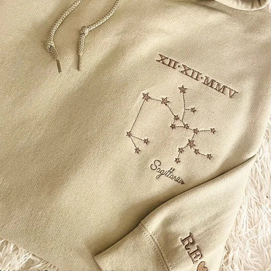 Personalized Embroidered Roman Numerals Date, Star Sign Zodiac Hoodie or Zip up Hoodie