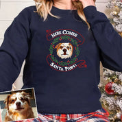 Here Comes Santa Paws Christmas Personalized Pet Portrait Embroidered Hoodie Sweatshirt T-shirt