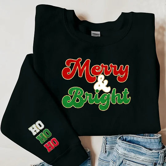 Merry and Bright Chenille Patch Sweatshirt- Best Christmas Gift