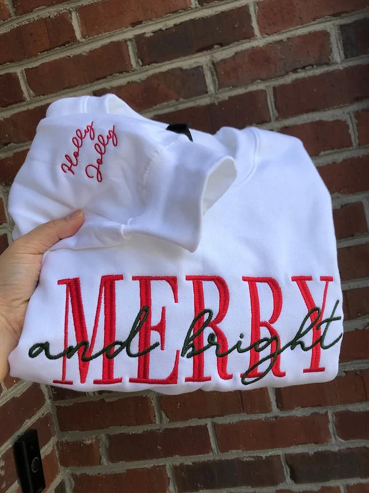 Embroidered Merry and Bright Crewneck Cozy Sweatshirt -Christmas gifts