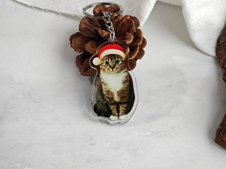 Personalized Funny Pet Wearing Santa Hat Keychain Acrylic Keychain Christmas Gift