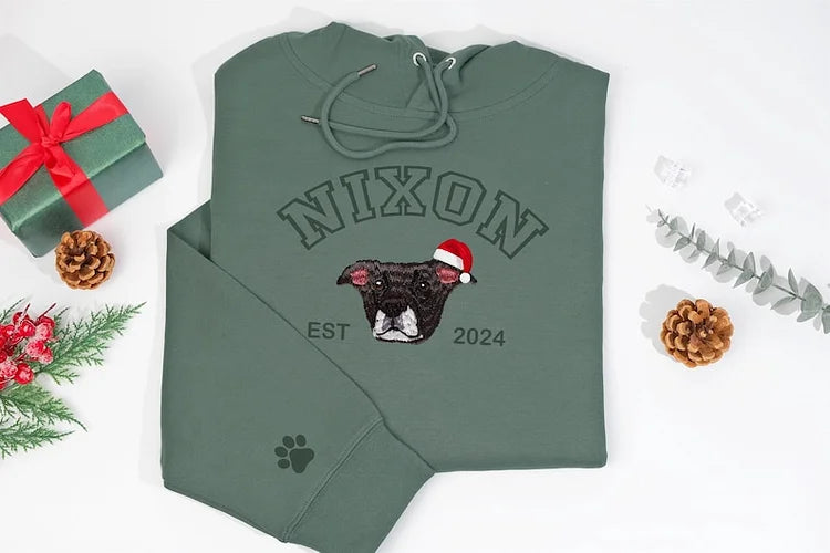 Custom Premium Handcrafted Pet Photo Embroidery with Pet Name Christmas Tee Sweatshirt Hoodie