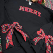 Trendy Merry Side Bow Cut-Out Sweatshirt - Cozy Plaid Christmas Pullover for Women