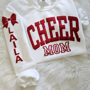 Personalized Print Cheer Mom sweatshirt with Kids Name on Sleeve