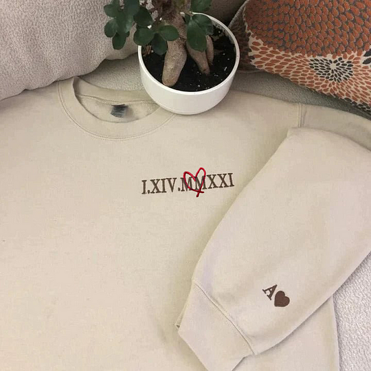 Custom Embroidered Love Heart Roman Numeral Date Couple's Sweatshirt