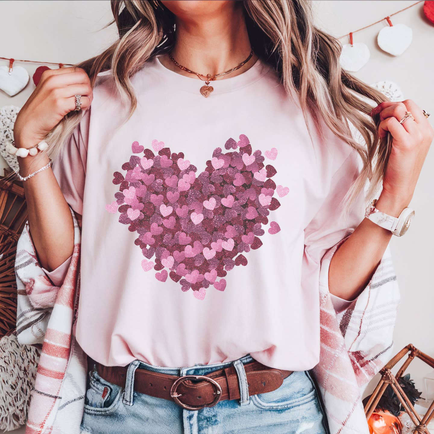 Wholesale Valentine's Day Faux Glitter Hearts Women's Graphic T-Shirt