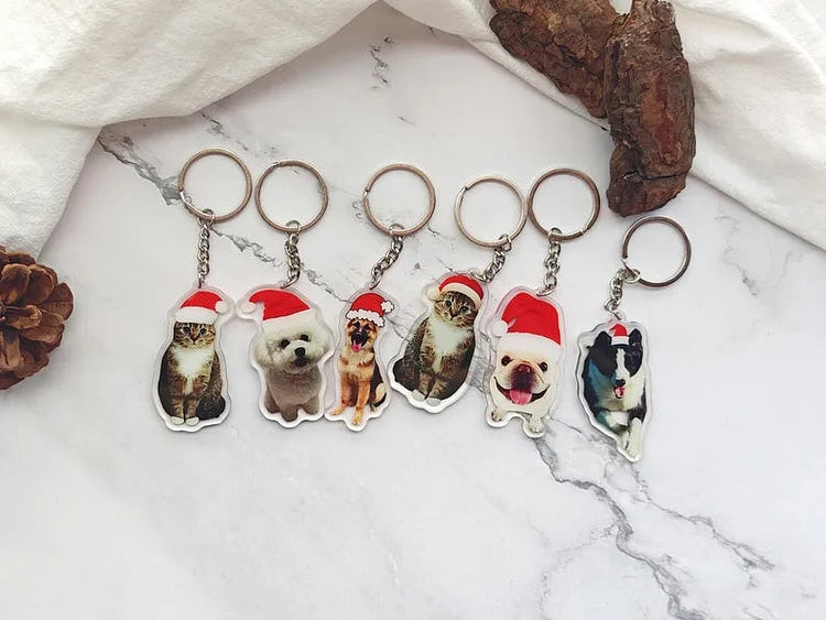 Personalized Funny Pet Wearing Santa Hat Keychain Acrylic Keychain Christmas Gift