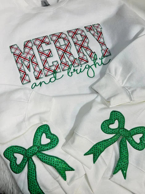 MERRY AND BRIGHT | SIDE BOW APPLIQUE EMBROIDERED SWEATSHIRT