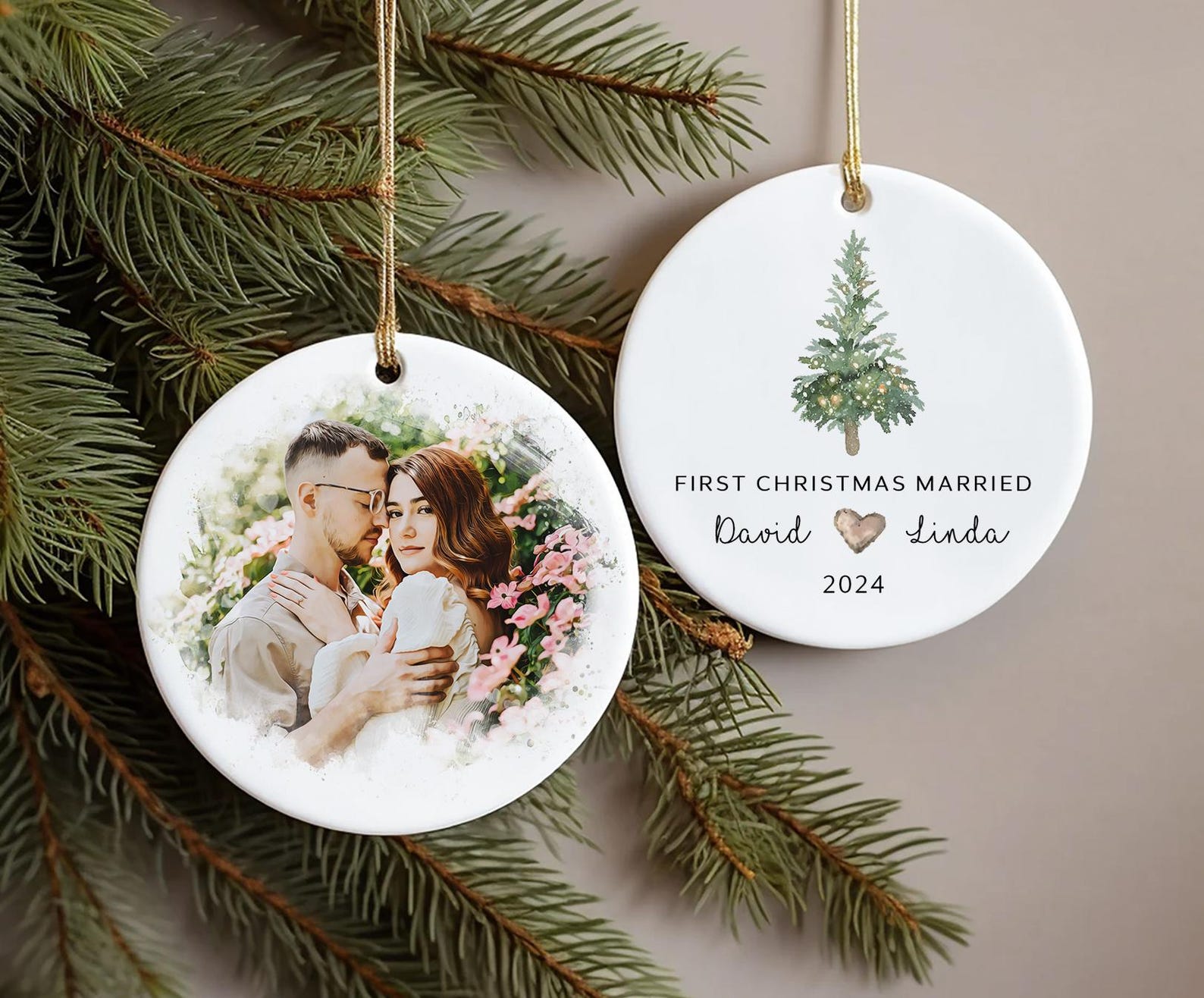 Watercolor Portrait Married Ornament | Wedding Gift